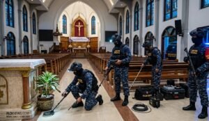 Tim Jibom Gegana Satbrimob Polda Sumut Sterilisasi Gereja Jelang Perayaan Kenaikan Yesus di Medan